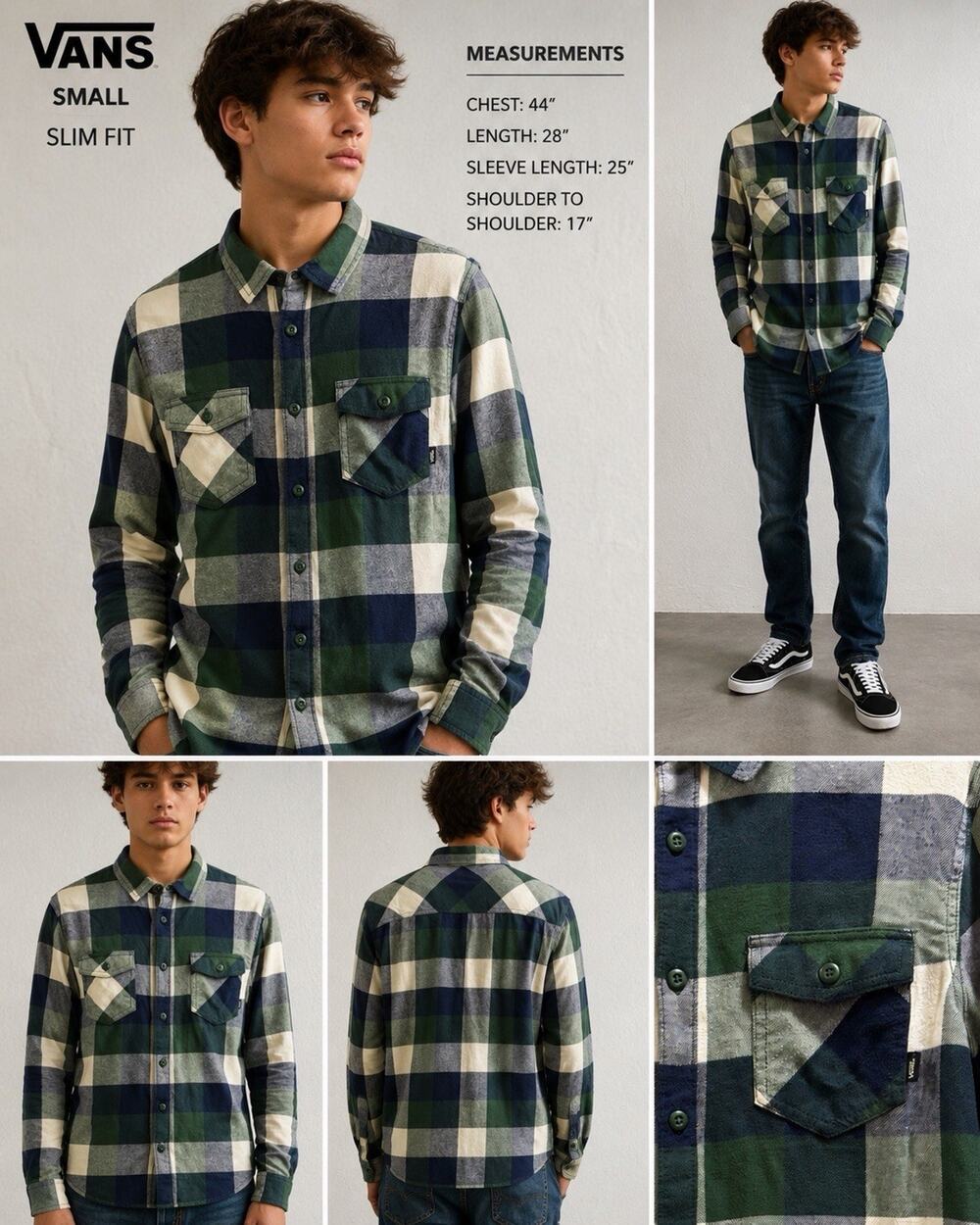 Vans Flannel Shirt Mens S Slim Green Plaid Long Sleeve Off The Wall Button Up EC